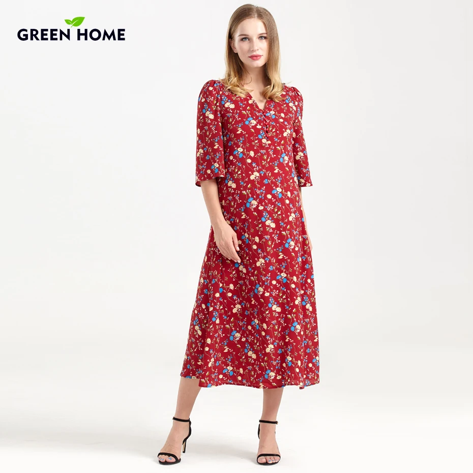 

Green Home Long Pregnant Dress Evening Bohemian Floral Maternity Dresses for Women Belt Printing Nursing Dress for Party Clothes
