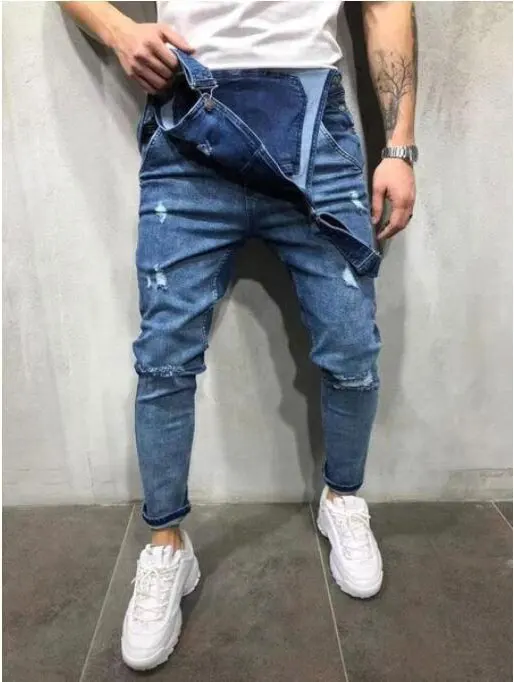 2019New Весенняя мода Для мужчин ползунки рваные джинсы Street Distressed Denim Комбинезон для человека штаны с подтяжками Размеры S-XXXL