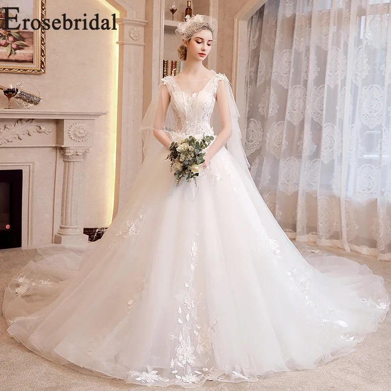 Erosebridal Тюлевое свадебное платье с открытой спиной на шнуровке платья женские брак, невеста платье белое кружевное длинное свадебное платье