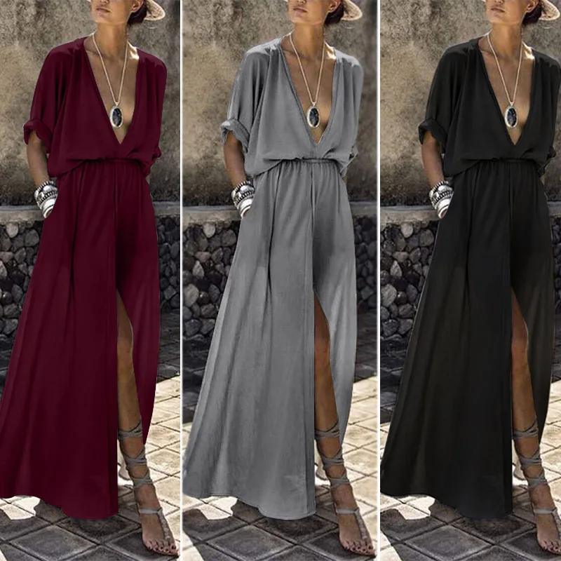 

2019 ZANZEA Summer Deep V neck Dress Women Sexy Split Hem Party Dress Beach Sundress Plus Size Solid Maxi Long Vestido Female