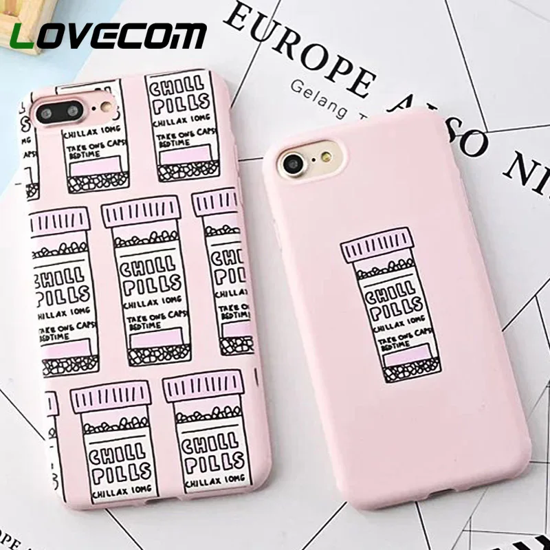 

LOVECOM Candy Color Soft TPU Case For iPhone 6 6s 7 8 Plus Fashion Potion Chill Pills Bottle Letters Phone Cover Cases Coque