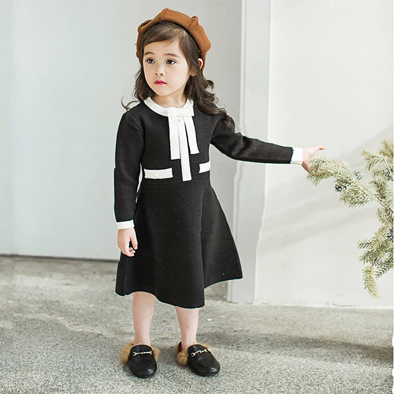 Autumn Spring white black bow jacquard dobby baby girls knitwear dress kids vintage dress Children brand clothes 2 to 7 yrs Autumn Spring white black bow jacquard dobby baby girls knitwear dress kids vintage dress Children brand clothes 2 to 7 yrs
