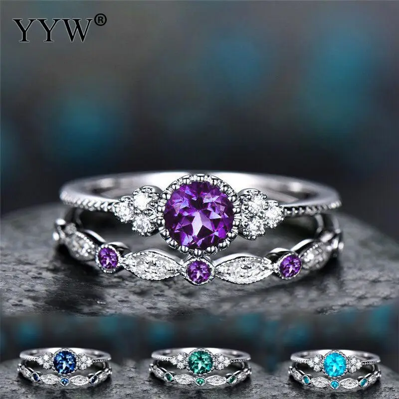 

2 pieces set crystal ring new green blue zircon ring fashion rhinestone ring engagement wedding jewelry 2019 new products