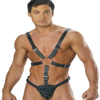 

man sexy underwear erotic panties men's leather siamese chained jumpsuits patent leather strap with leather bandage rivet thong