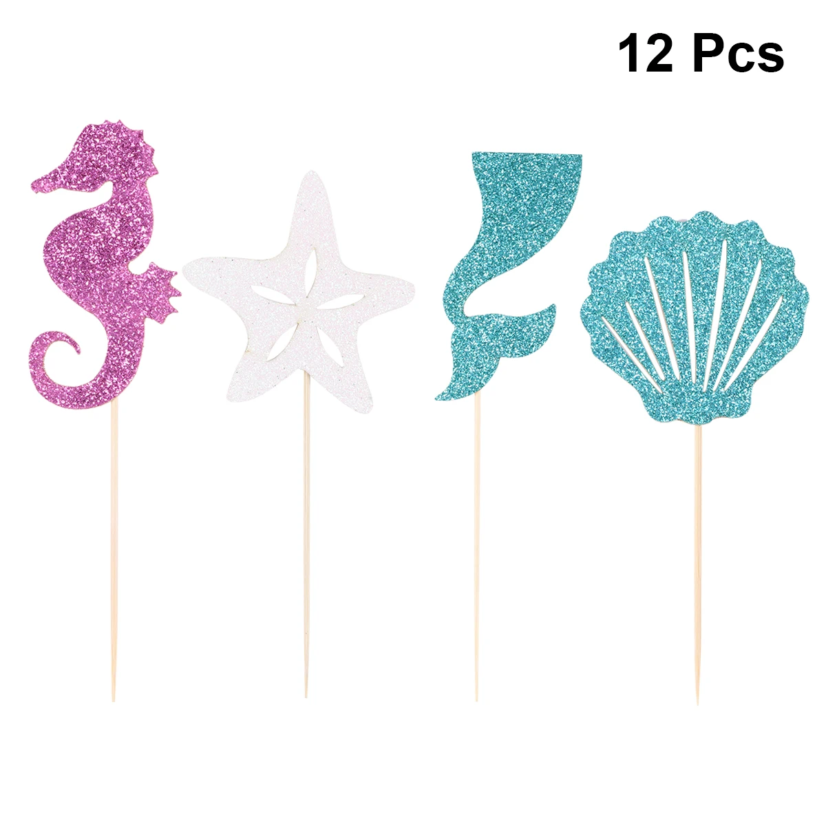 

12pcs Mermaid Tail Cake Topper Seafish Seahorse Cake Insert Decoration Cupcake Toppers Dessert Cards For Party Wedding Birthday
