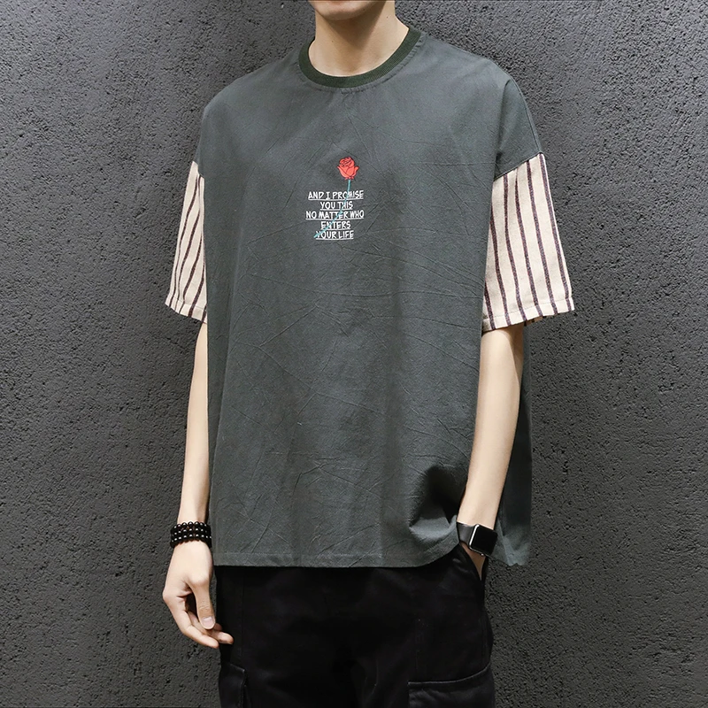 

Stripe Patchwork Male T-Shirt Fashion Printing Men's T-Shirts Large Sizes O-Neck Man's Short-Sleeved T-Shirt