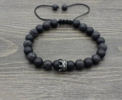 

8mm xt42 silver gold Crown copper micro pave cz zircon cubic zirconia Bracelet black Matte glass black stone volcanic lava bead