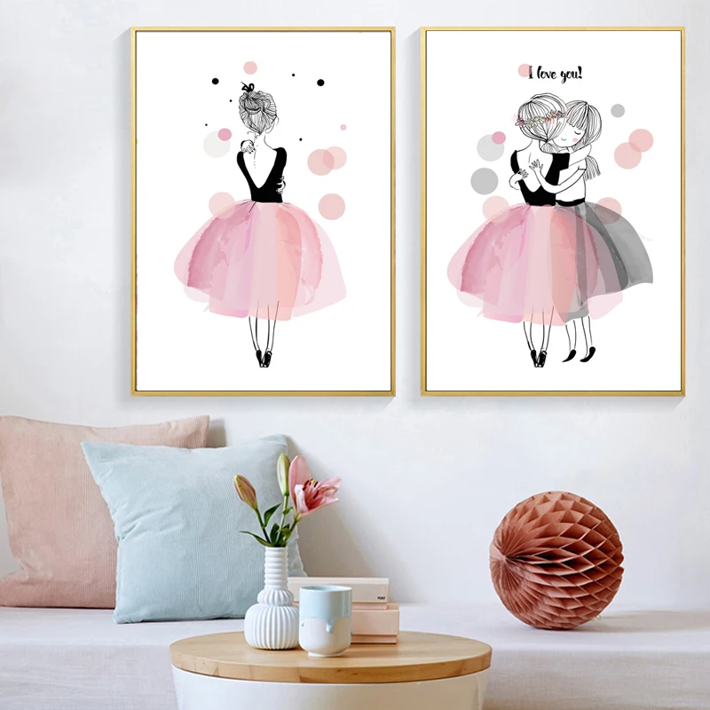 

Watercolor Girls Canvas Art Print Poster, Pink Sisters Wall Pictures for Girl Room Decoration, Giclee Wall Decor FG0118