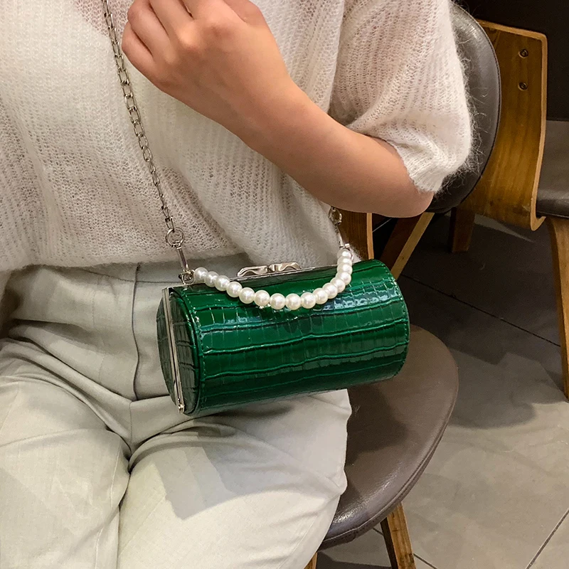 

Fashion Pearl Beaded Women Crossbody Bags Vintage Stone Chain Shoulder Messenger Bag Luxury Pu Handbags Small Box Female Purses