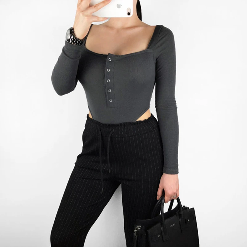 Wixra 2019 جديد إمرأة ملابس طويلة الأكمام مائل الرقبة داخلية زر الصلبة مثير عارية الذراعين Playsuits للإناث