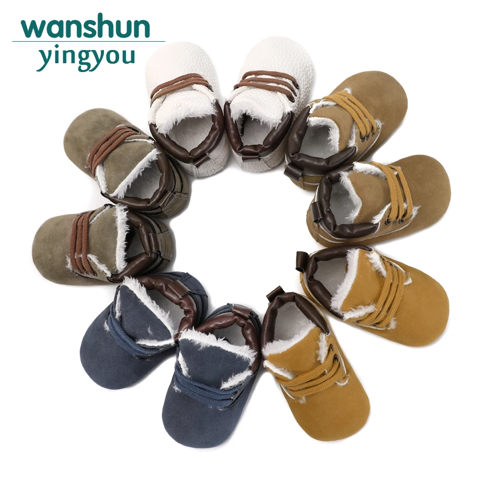 

High-top Flock Baby Shoes Children Boys Girls Booties Newborn Faux Fleece Winter Warm Solid 0-18 Months First Walkers