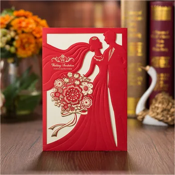 

Romantic Customized Printing Wedding Invitations Red Bridal & Groom Invitation Card+Envelope Engagement Invites 50pc/lot