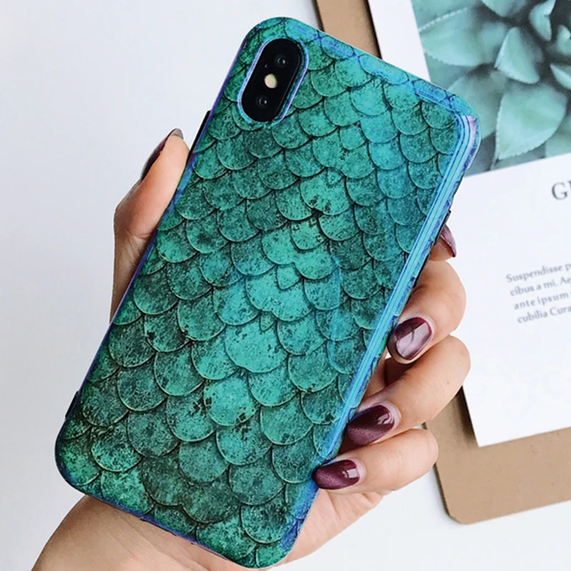 

Glossy Soft Silicone Fitted Case for Iphone 6 Case for Iphone 6 6S 7 8 Plus X Cover Fashion Scales Retro Smooth Mermaid Case