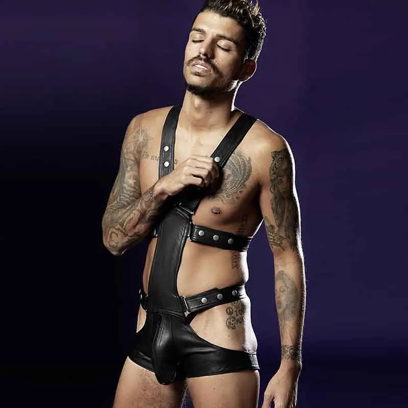 US $20.85 40% OFF|Sexy Men Faux Leather Bodysuit Exotic Fetish Bondage  Lingerie Suit Black Fantasy Gay Jumpsuit Club Pub Pole Dance Lingerie  Porno-in ...