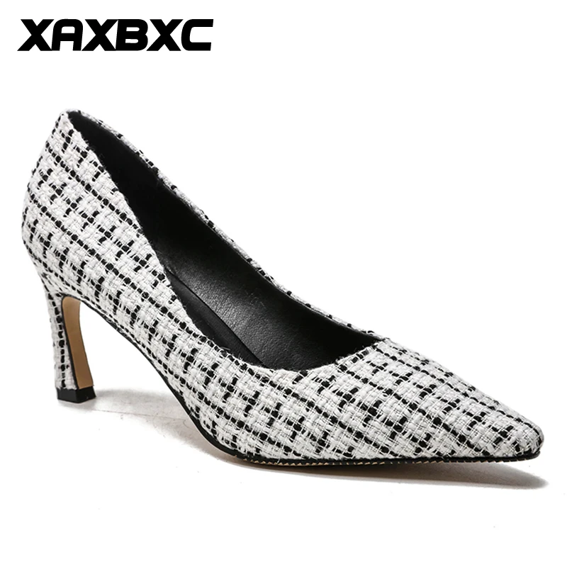 

XAXBXC 2018 New Summer Fashion Plaid Pointed Toe Thin High Heels Women Pumps Woman Party Career Shoes