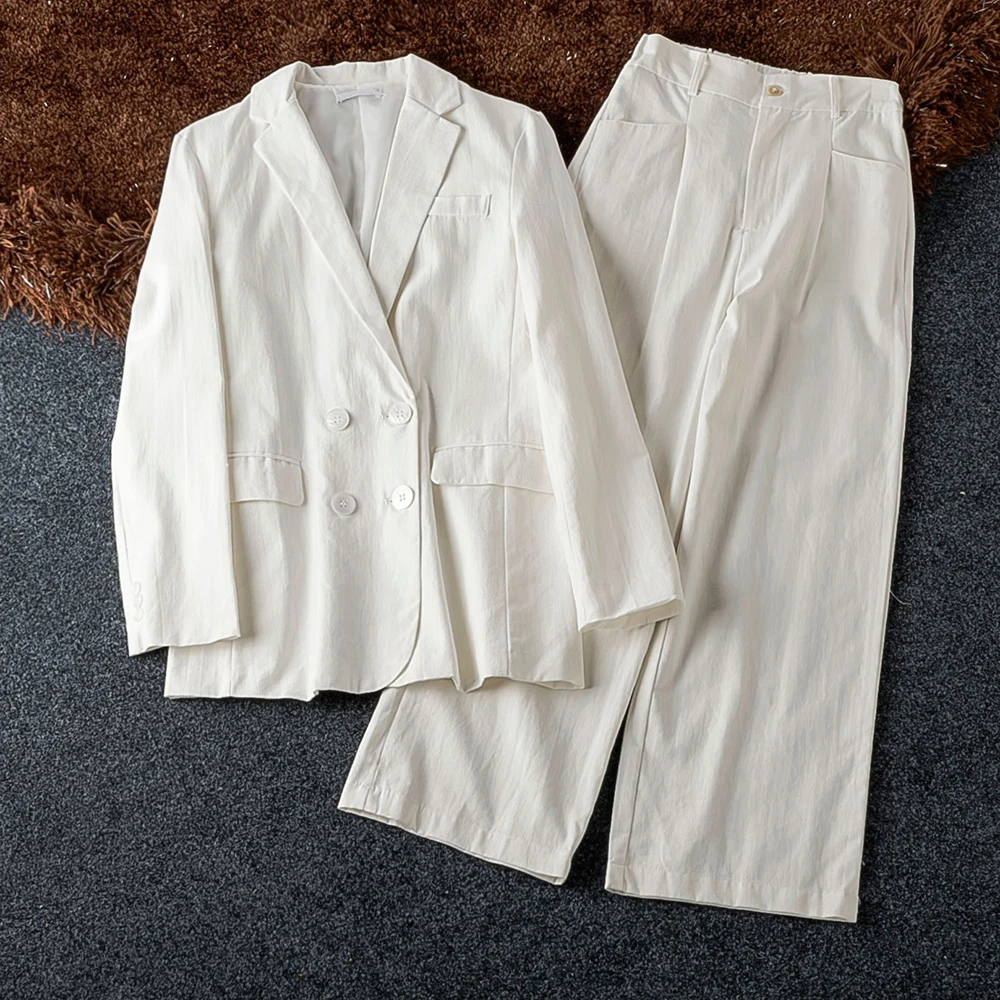 

Good Quality New Cotton White Two Piece Set Double Breasted Blazer Women With Pant Fashion Fall Office Lady 2 Piece Set Women