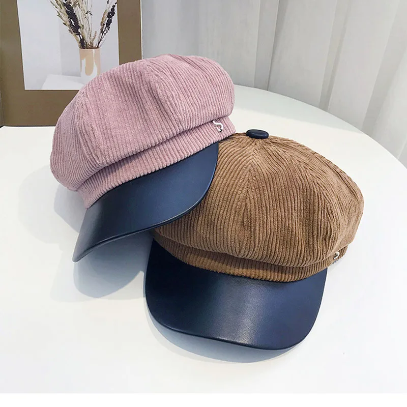 Fashion Women Hats Autumn Winter Corduroy Navy Military Hat Octagonal Hat Women Pu Leather Beret S Letter Corduroy Black Caps