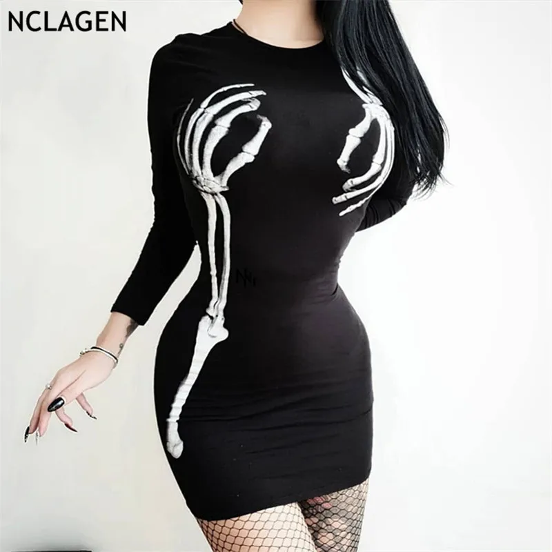 

NCLAGEN 2019 Sexy Gothic Dark Style Print Pencil Dress Women Hip Package Bottoming Outfits Party Night Club Halloween Clothing