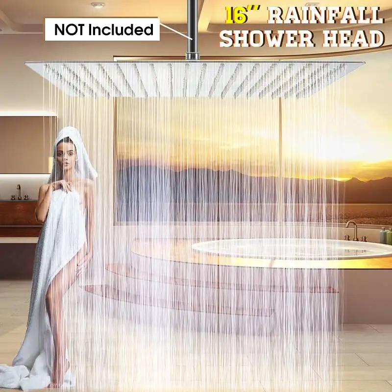 Xueqin 16 inch Chrome Rainfall Shower Head Stainless Steel Rain Shower Head Bathroom Top Sprayer Faucet Head Water