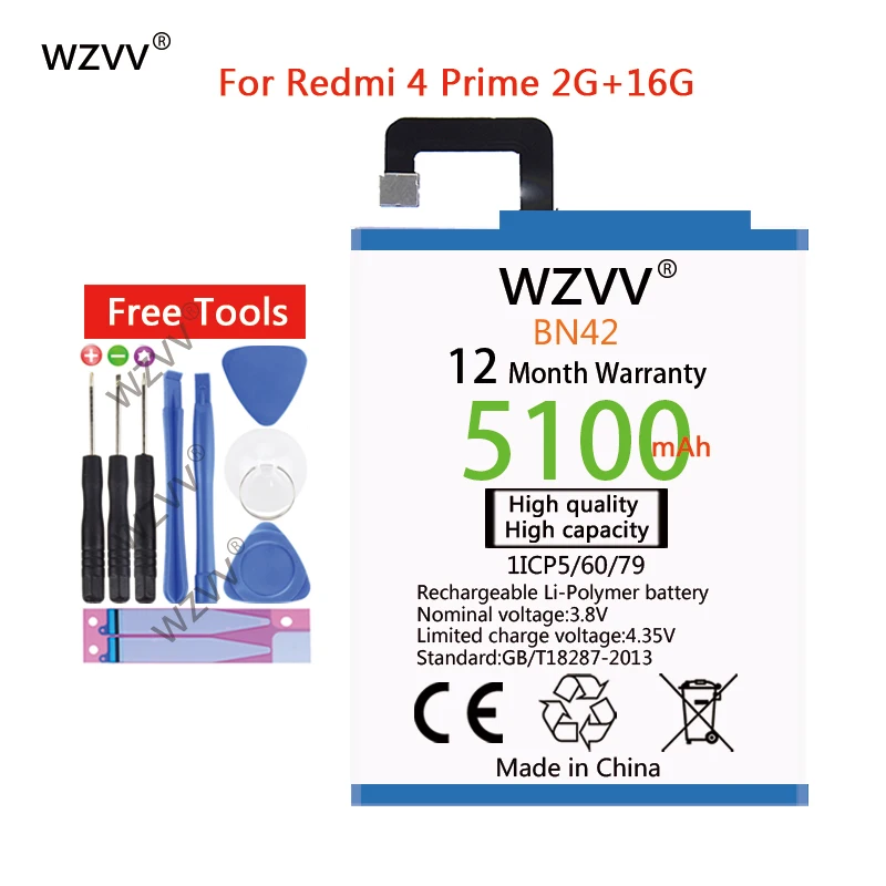 

wzvv 5100mAh Li-Polymer battery BN42 for Xiaomi Redmi 4 prime 2G+16G Authentic Replacement batteries