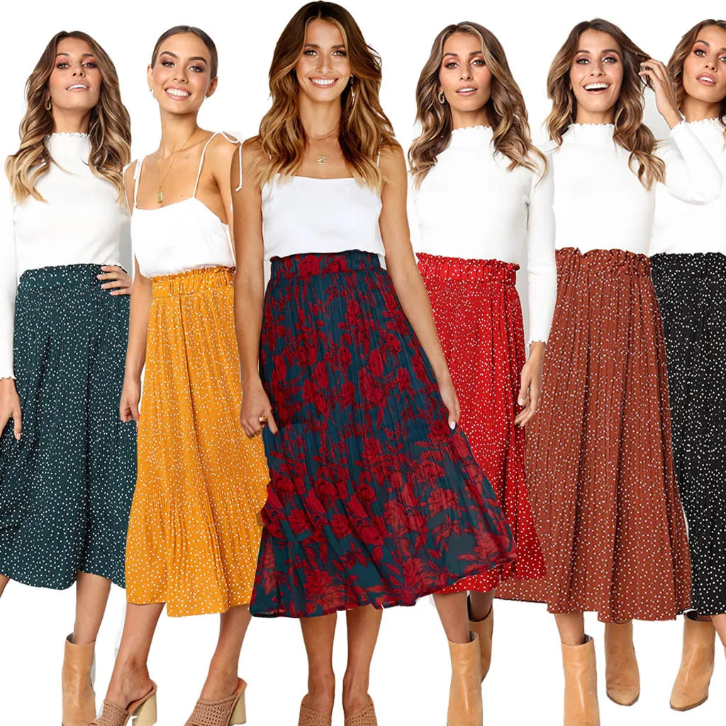 

Fashion skirt Women Casual Retro High Waist Floral Long skirts Print Skirt elegant Pleated skirts Spring 2019