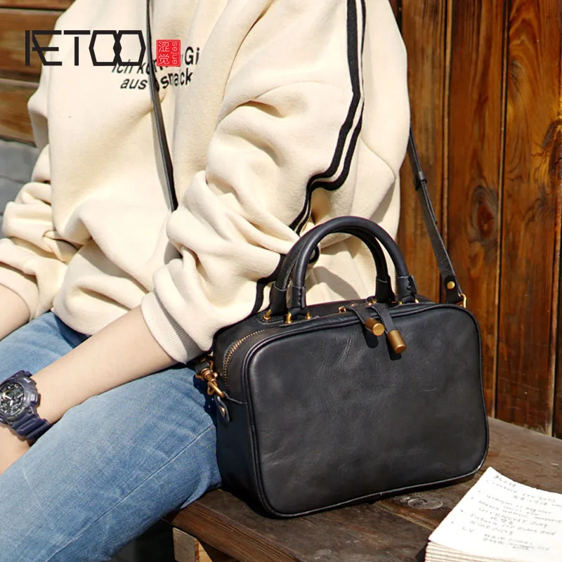 AETOO British retro handmade cowhide leather shoulder portable diagonal bag casual compact box type bag ladies and women models