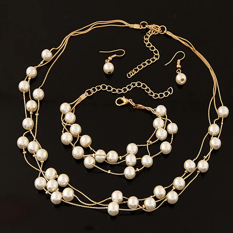 Imitation Pearl Gold/Silver Plated Jewelry Sets Multilayer Necklace Sets for Bridal Wedding Necklace/Bracelet/Earrings Set