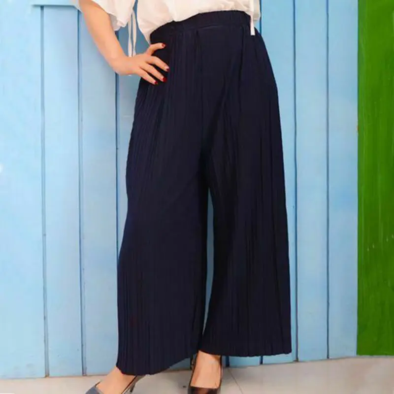 

6 Colors Womens Solid Pleated Chiffon Wide Leg Pants Elastic Waist Loose Pants One Size