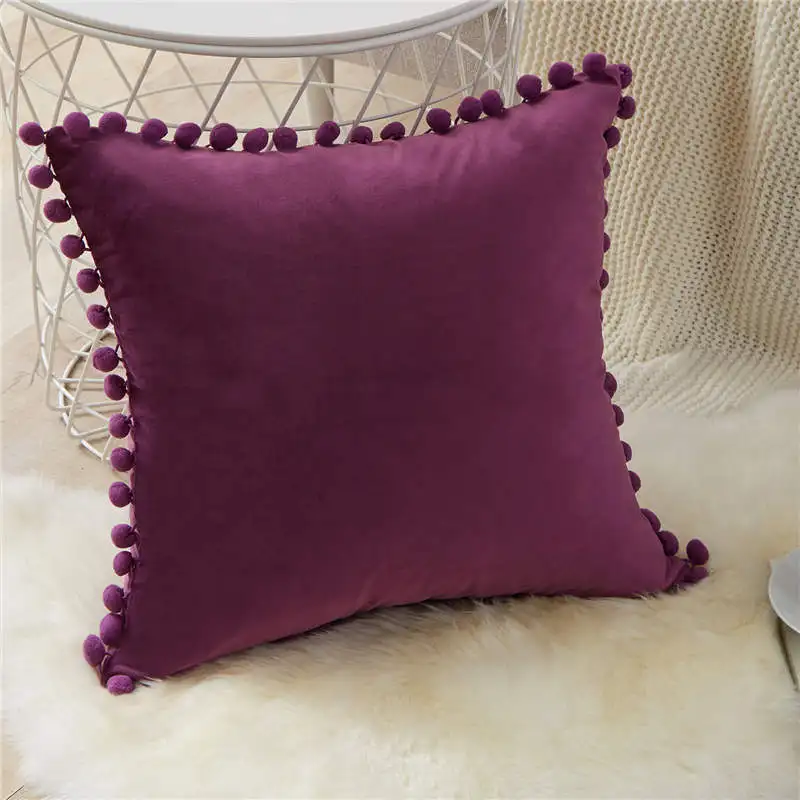Topfinel, мягкие бархатные Декоративные Чехлы для подушек, роскошная наволочка для подушек, квадратная наволочка с шариками, наволочка для дивана, кровати, автомобиля, 9 цветов - Цвет: Dark Purple