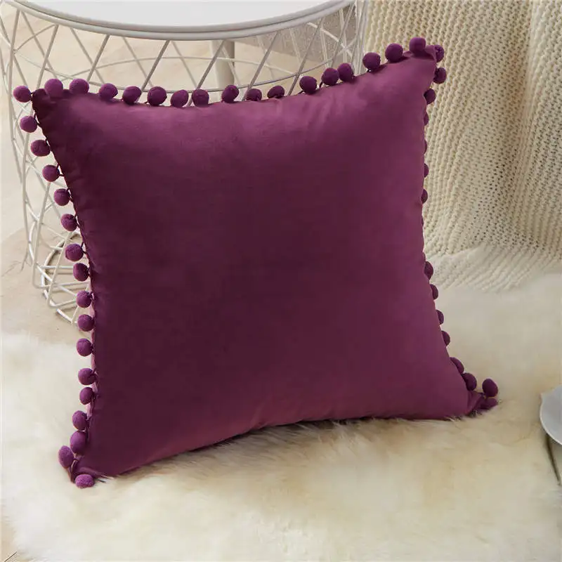 Dark Purple Topfinel, мягкие бархатные Декоративные Чехлы для подушек, роскошная наволочка для подушек, квадратная наволочка с шариками, наволочка для дивана, кровати, автомобиля, 9 цветов - Цвет: Dark Purple