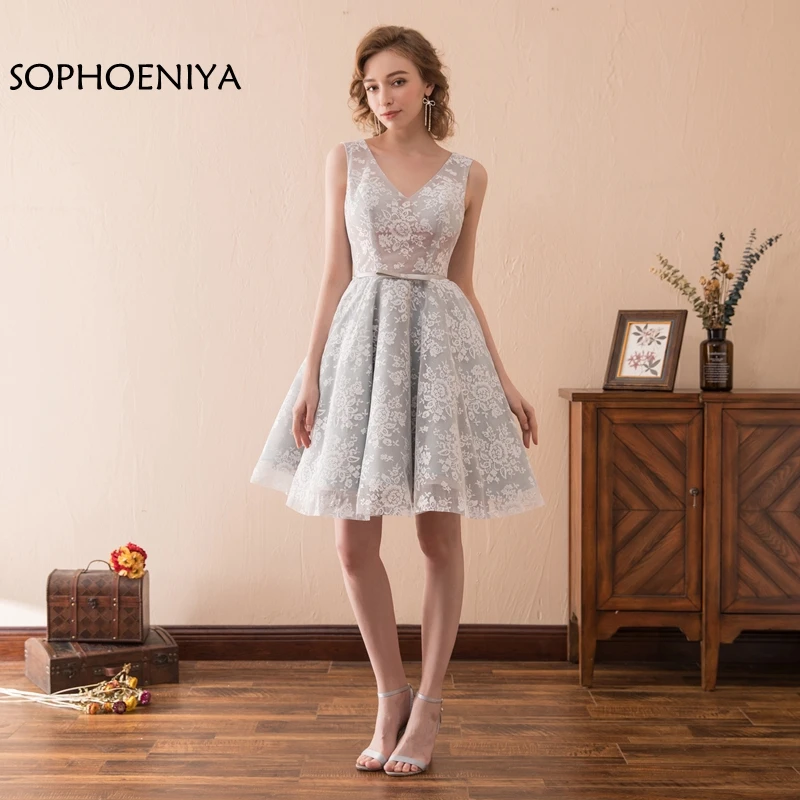 

New Arrival Cap sleeve A-Line Short Evening dress 2019 Abendkleider V Neck Lace Prom dresses galajurk vestido festa longo