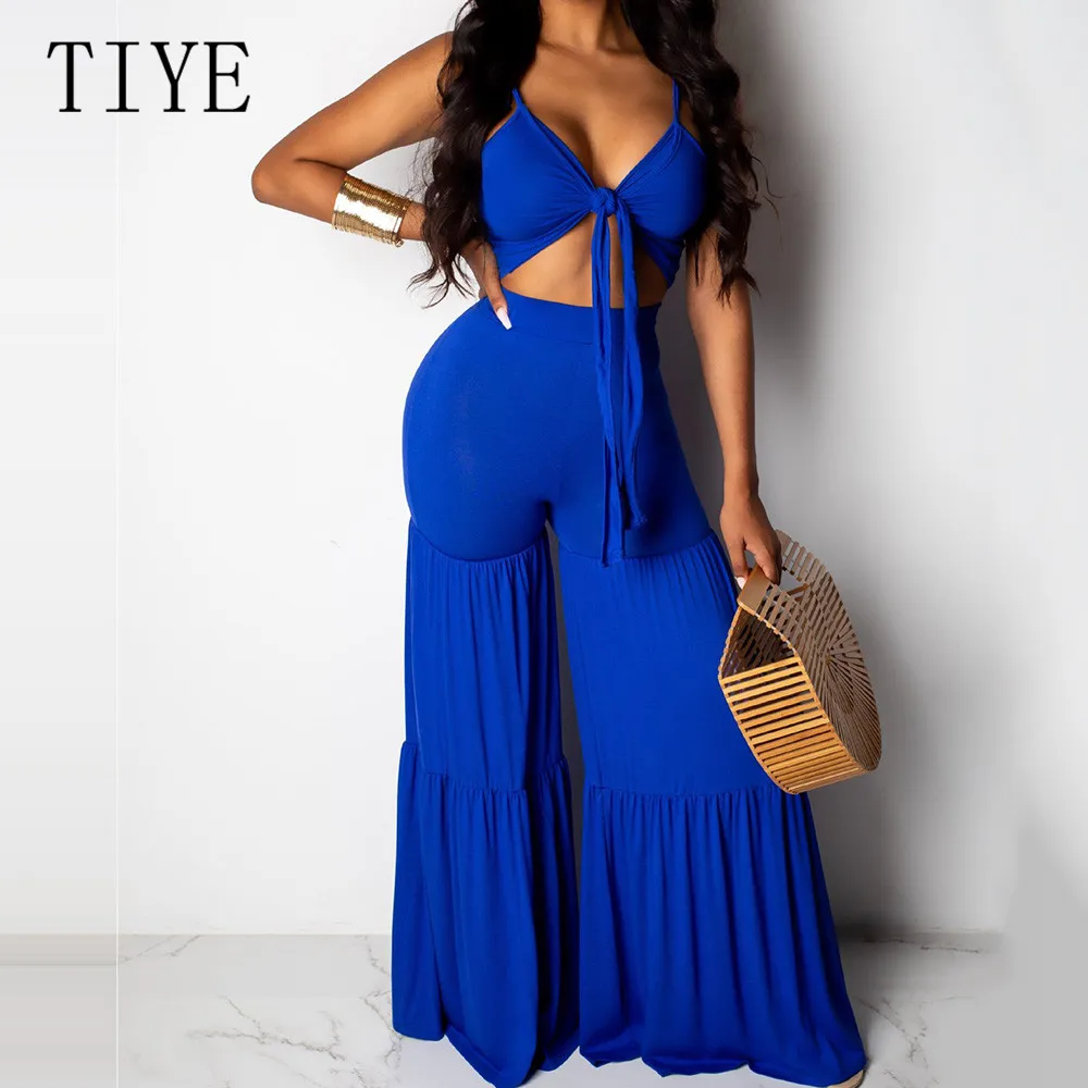 TIYE Blue Casual Wide Leg Pants Summer Sexy V Neck Sleeveless Lace-up Jumpsuits Women Boho Beach Night Party Loose Playsuits TIYE Blue Casual Wide Leg Pants Summer Sexy V Neck Sleeveless Lace-up Jumpsuits Women Boho Beach Night Party Loose Playsuits
