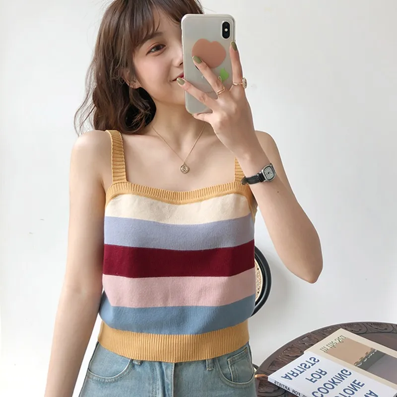 

019 new Causal Knitted Striped Cami Tops Summer Beach Wear Sexy Vest Female Fitness Sleeveless Basic Camisole