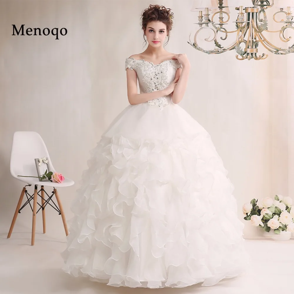דגם אמיתית שמלת Robe de mariage ארוך חדש 2017 V צוואר כבוי כתף כדור שמלה לפרוע אורגנזה שמלות כלה