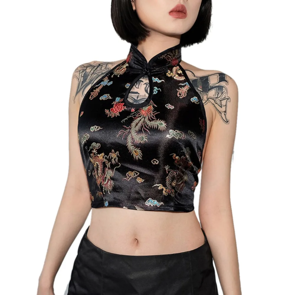 

Vintage Dragon Embroidery Crop Top Women Summer 2019 Lace Up Halter Tops Sexy Backless Hollow Bandage Tank Top New Hot