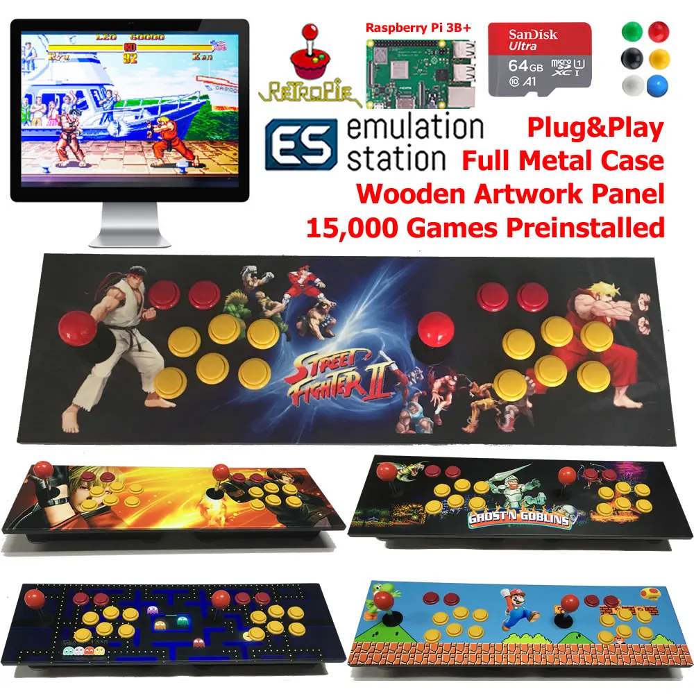

Two Players TableTop Arcade Retro Game Console Raspberry Pi 3B+ Wooden Panel Metal Case 64G
