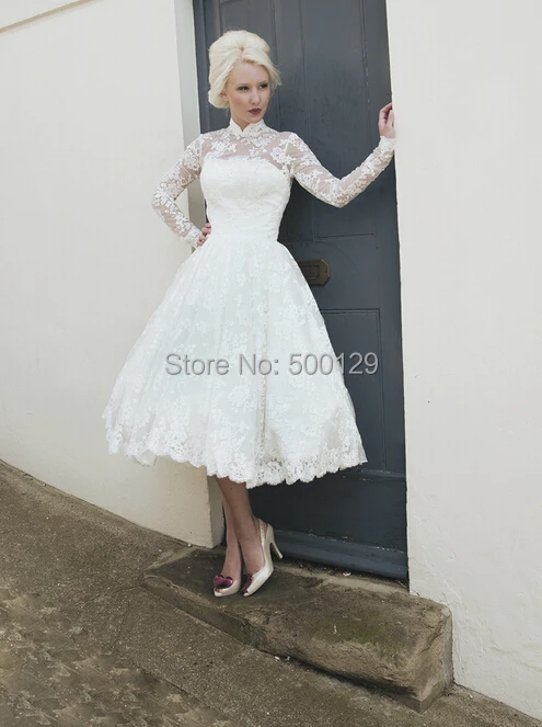 Groothandel Vintage Hoge Hals Bruidsjurken Thee Lengte Backless Kant Baljurk Trouwjurk 2016