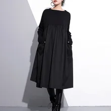 Новинка года. Модное черное весеннее женское платье с О-образным вырезом и длинным рукавом. Свободное женское Повседневное платье трапециевидной формы с карманами