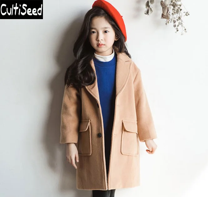 

Cultiseed Big Girls Woolen Wool Blends Long Coats Clothes Children Single Breasted Cashmere Outerwear Coat with Pockets