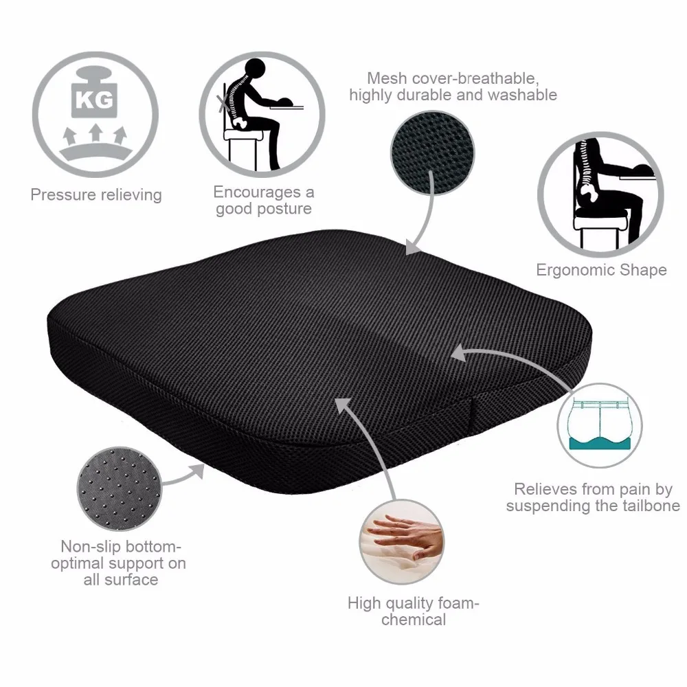 Comfort Office Chair Car Seat Cushion Non-Slip Orthopedic Memory Foam Coccyx Cushion for Tailbone Sciatica back Pain relief