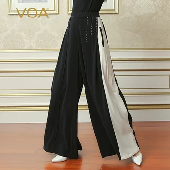 

VOA 2018 Autumn Office Lady Heavy Silk Casual Plus Size Wide Leg Pants Classic Black White Splicing Women Trouser KLH05001