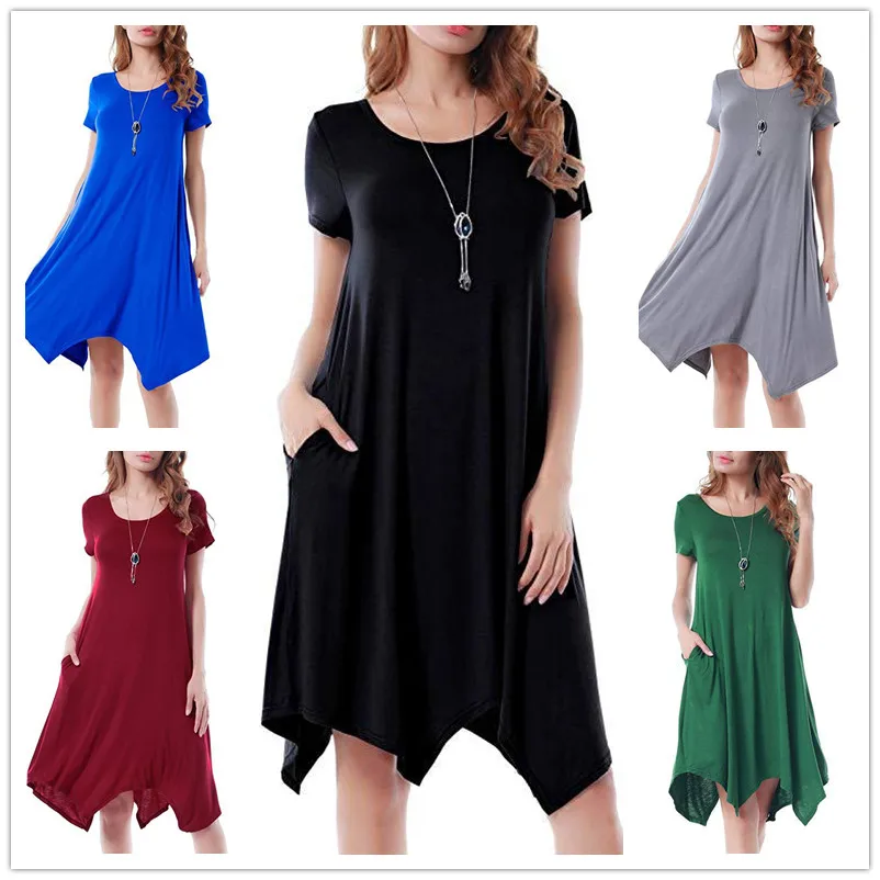 

Women Short Sleeve O-Neck Solid Pocket Irregular Casual Loose Dress Summer Women Black Blue Dress Plus Size Cotton Dress Vestido