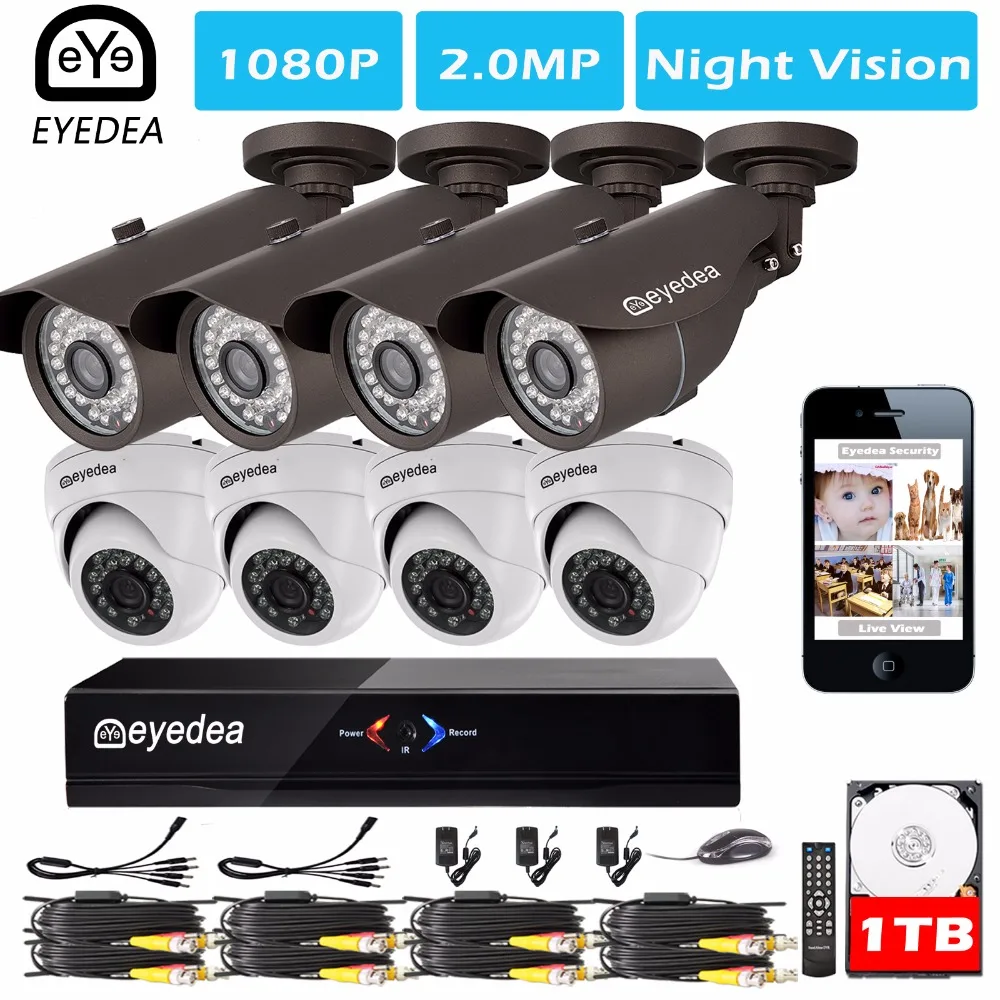 

Eyedea 8 CH Phone View Motion Detect HDMI DVR 2.0MP 1080P Bullet Dome Outdoor Video Surveillance CCTV Security Camera System 1TB