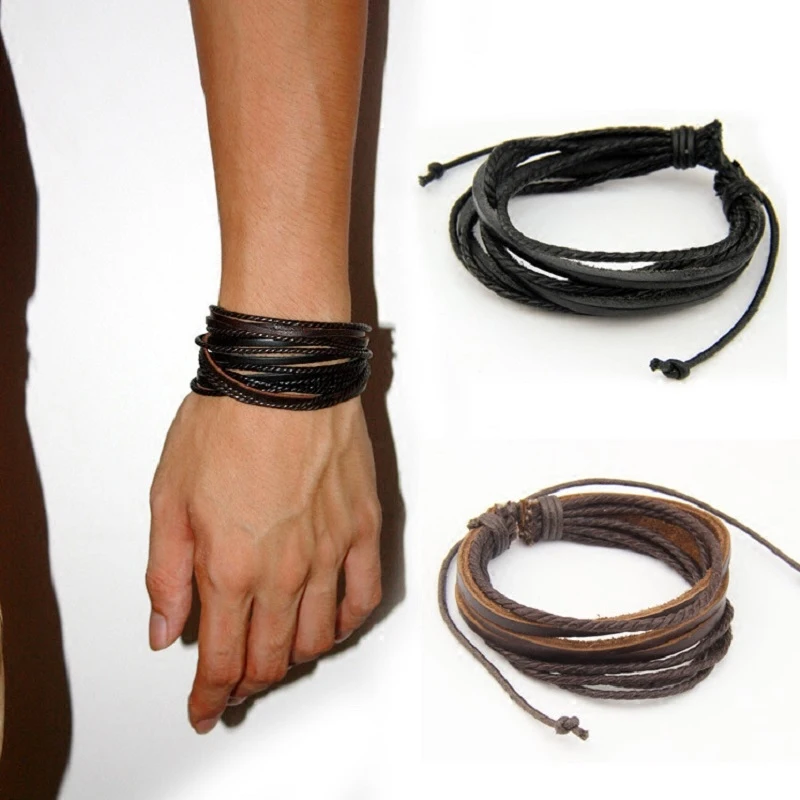 Male Leather Bracelets Bangles For Men Black Brown Braided Rope Wrist