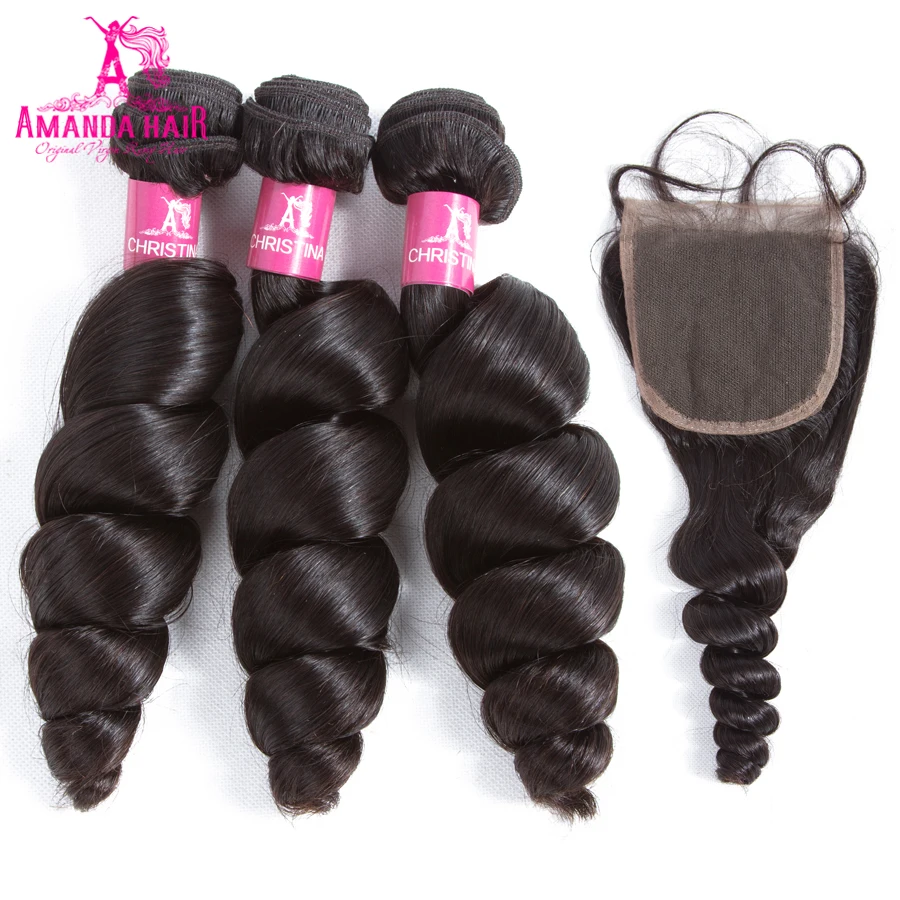 Amanda Salon Remy Brazilian Human Hair Bundles With Closure Brazilian