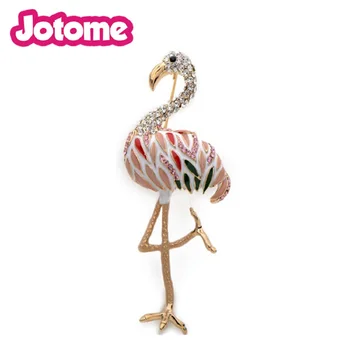 

Jotome jewelry women Enamel bird animal standing Light Pink rhinestone Flamingos brooch pin