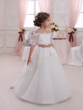 Première Communion Robe Dos Creux Dentelle Up Appliques Moitié Manches Arc Shoulderless À Volants Petite Fille De Noël Tulle robe de Bal
