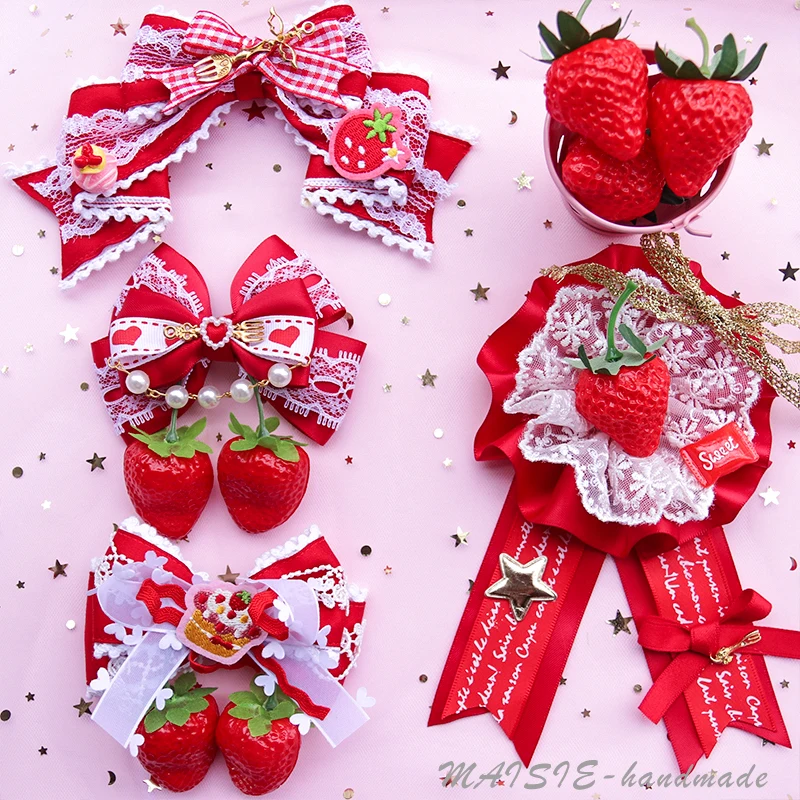 

Harajuku strawberry hairpin Lolita soft sister lovely brooch kc lace bow hair clip sweet Lolita