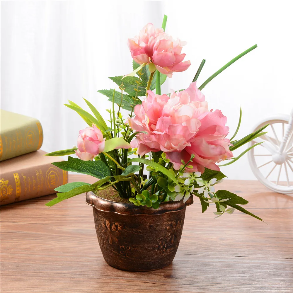 

Office Desktop Artificial Decorations Plants Simulated Silk Peony Rose Flowers Bonsai With plastic Pots Potted Ornaments