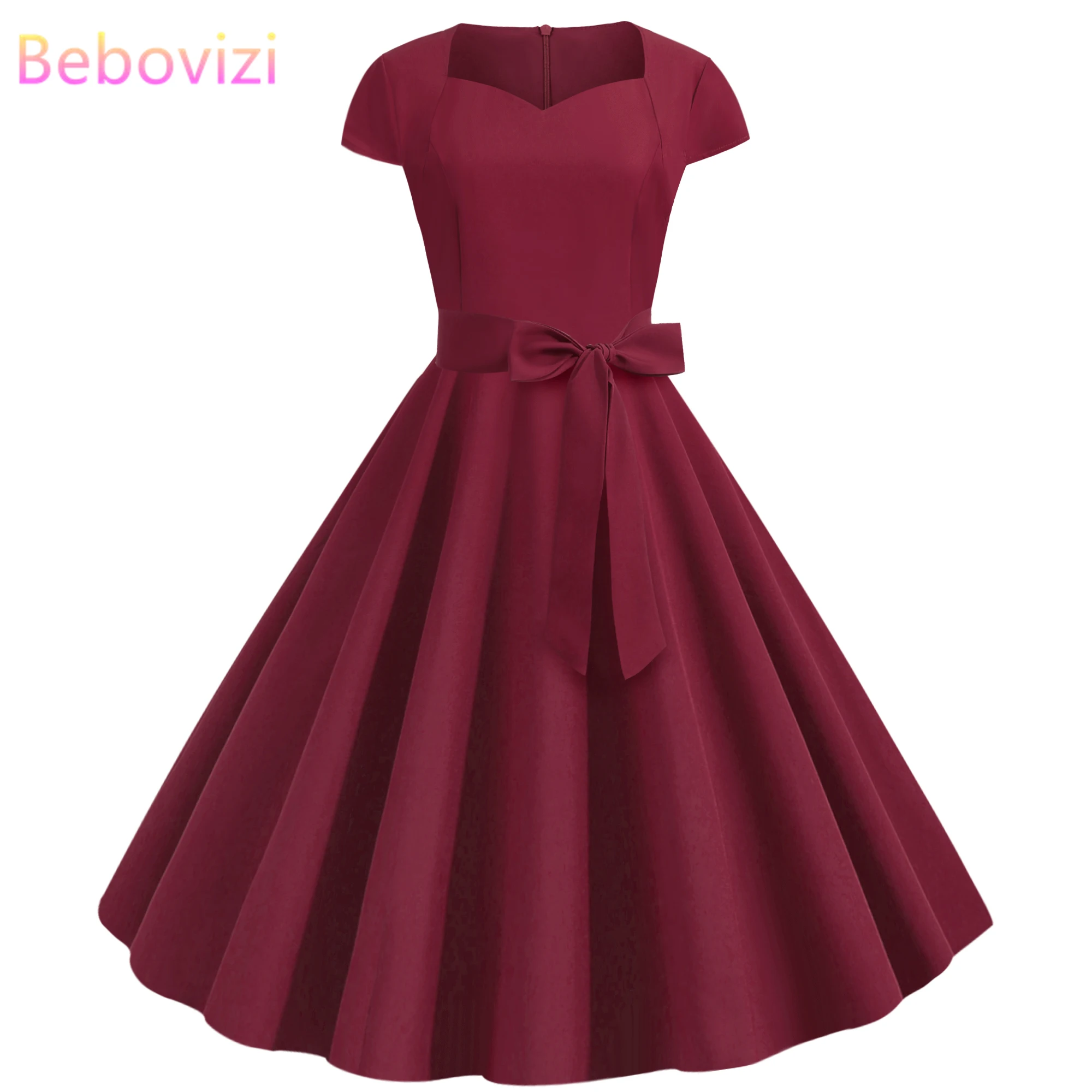 Bebovisi Новинка Лето 50s 60s винтажное женское платье Shein однотонное красное вино с коротким рукавом квадратный воротник элегантные вечерние платья